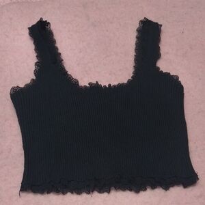 Black Lace Trim Ribbed Tank Top